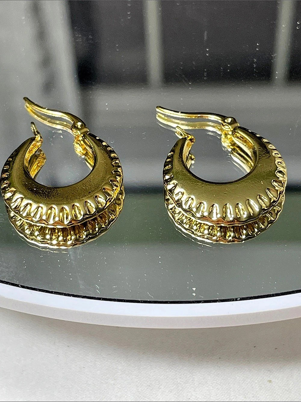 Stainless Steel 18k Gold Plated Textured Hoop Earrings .75” New